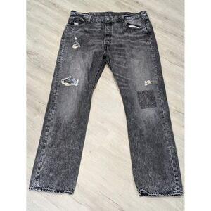 Levis 501 Jeans Mens 40x32 Black Button Fly Straight Leg Distressed Faded Denim
